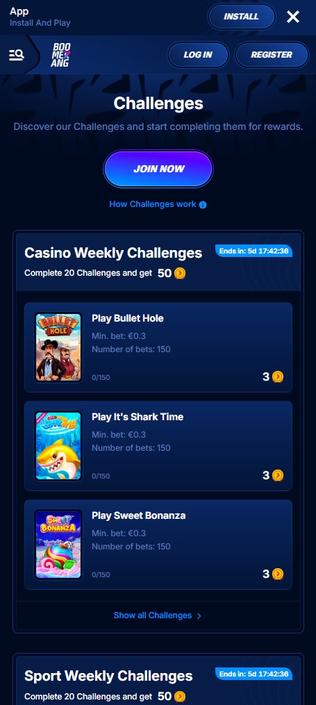 Pagina delle sfide settimanali di Boomerang Bet su mobile
