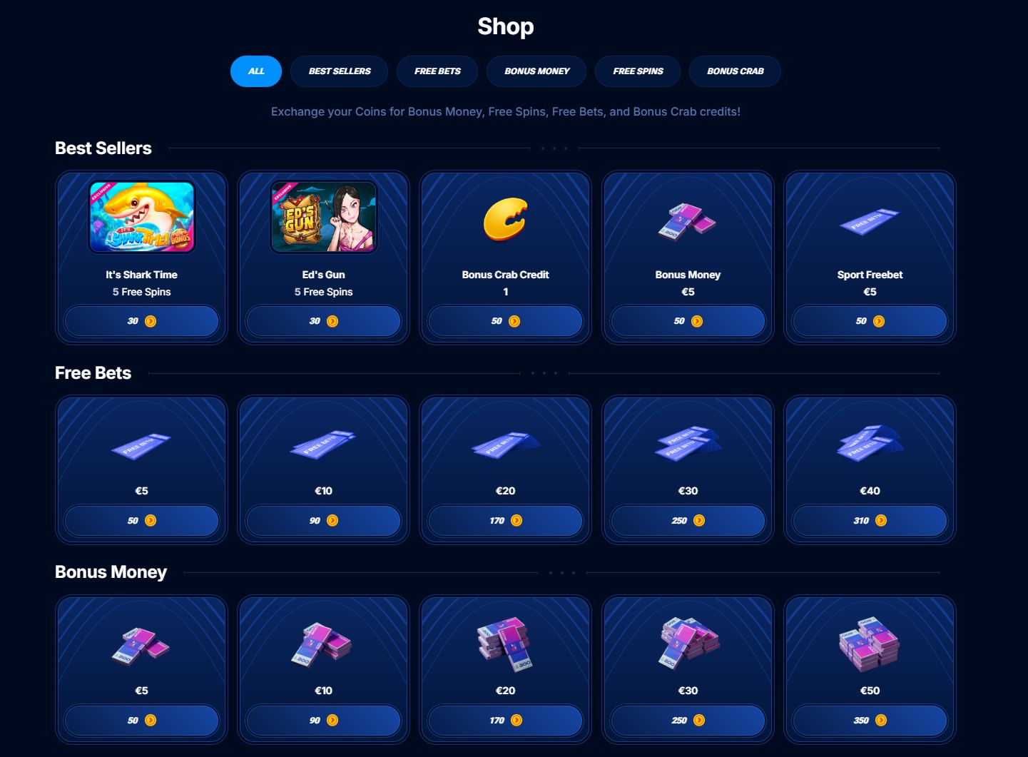 Esempio del Negozio Bonus di Boomerang Bet dove i giocatori possono riscattare premi come free bet e bonus money.